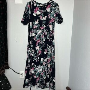 H&M floral puff sleeve waist tie midi dress fall cottagecore size 10 large 90s